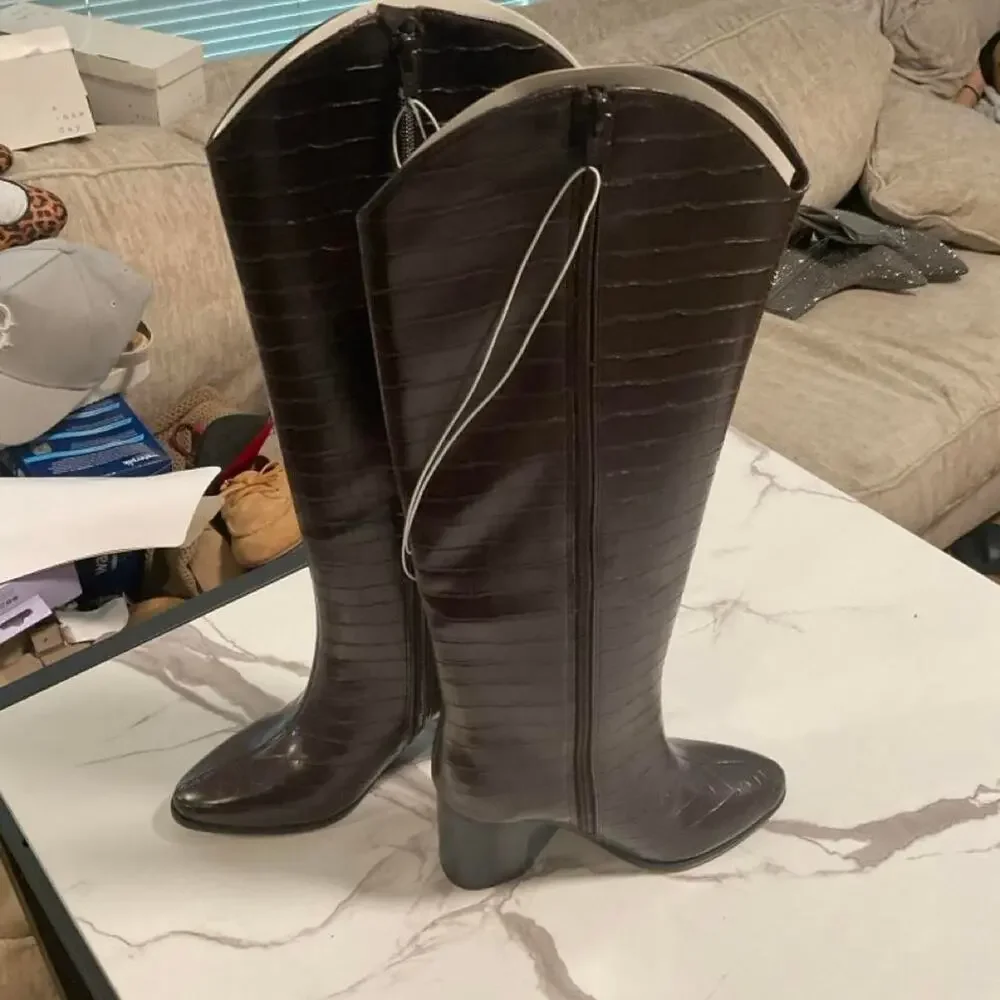 Brown crocodile textured knee high boots